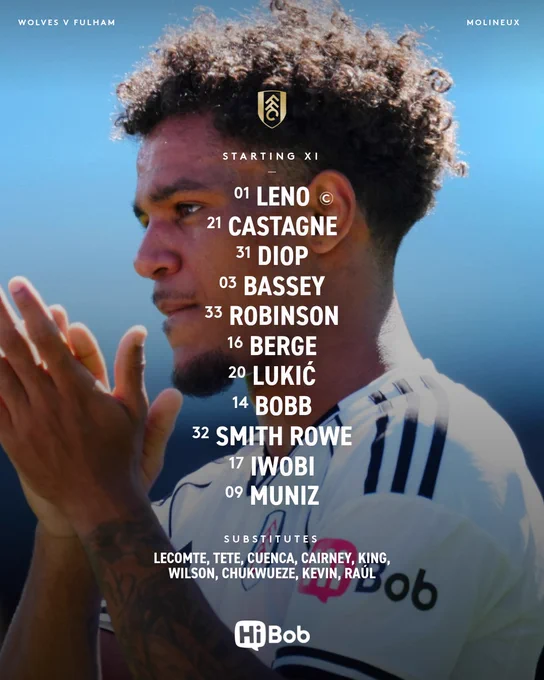 Fulham team to face Wolves: Leno; Castagne, Diop, Bassey, Robinson; Berge, Lukić; Bobb, Smith Rowe, Iwobi; Muniz