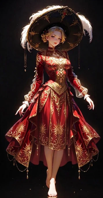 A vertical 4K anime-style digital illustration of a young blonde woman standing elegantly against a dark, minimalist background. She wears an opulent, high-low crimson red dress heavily adorned with intricate golden sunburst embroidery, filigree patterns, and a metallic gold corset bodice. The sleeves are long and red, ending in ruffled translucent white cuffs. She wears a massive, wide-brimmed black hat decorated with elaborate gold trim and large, fluffy white feathers. Her expression is calm and refined, and she is barefoot, adding a grounded element to her regal, theatrical attire. The lighting is focused and dramatic, casting a soft glow on her face and highlighting the reflective gold details of her wardrobe.