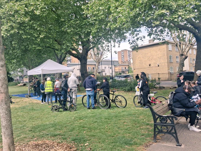Queue for free bike repairs