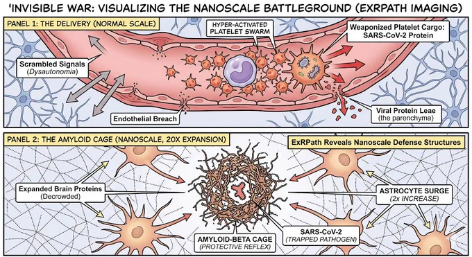 Panel 1 (The Delivery): Infected, hyper-activated platelets swarm and breach the brain capillary wall, leaking viral protein cargo into the brain parenchyma and scrambling neurological signals.

Panel 2 (The Amyloid Cage): 20x tissue expansion reveals the nanoscale defense. The brain sprays an "amyloid-beta cage" to trap the viral pathogen, triggering a massive, persistent astrocyte inflammatory surge.

