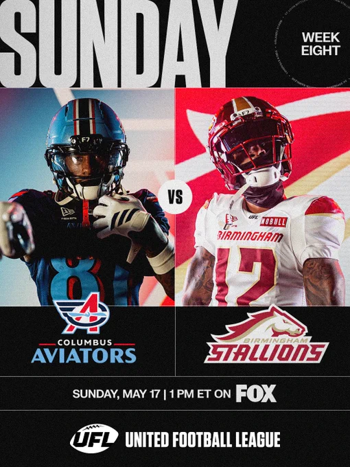 Promotional graphic for a United Football League game between the Columbus Aviators and Birmingham Stallions, set for Sunday, May 17, at 1 PM ET on FOX. The image features players from both teams and bold text overlays for emphasis.