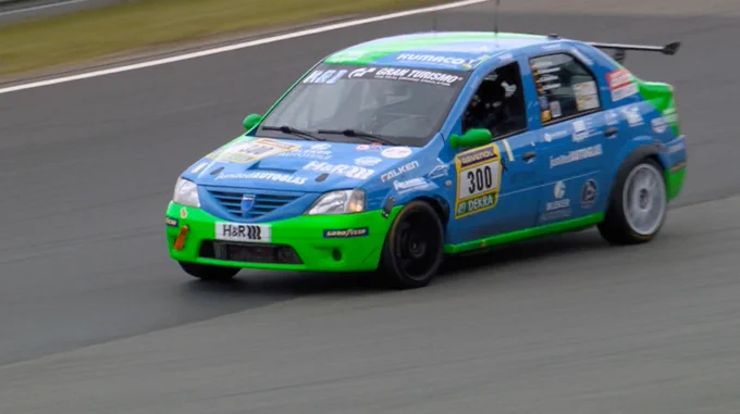Dacia Logan crosses the line to finish the 24 Hours of Nurburgring race.