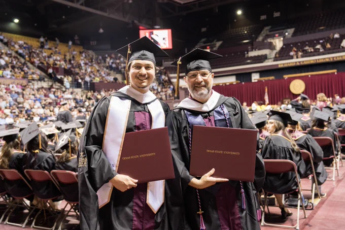 Tyler and Jeff Cannon celebrate their TXST Master's degrees