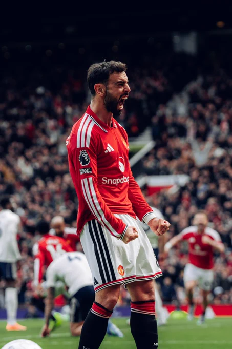 Bruno Fernandes celebrates Bryan Mbeumo's goal in which he provided his 20th assist in the Premier League this season.