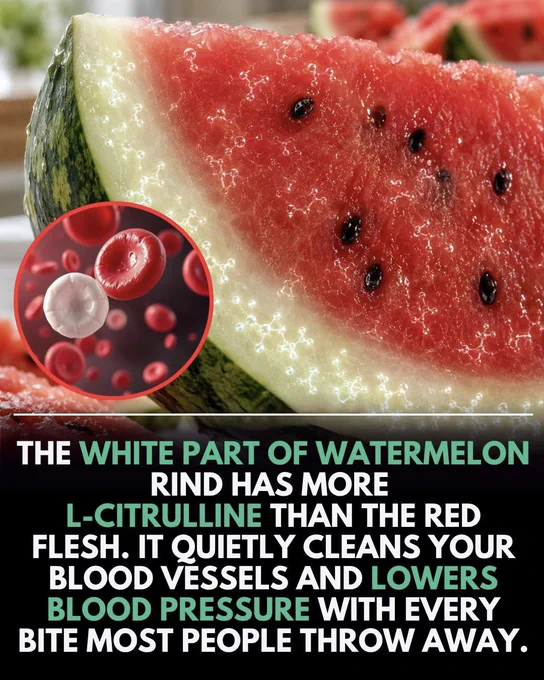 THE PART YOU THROW AWAY MIGHT BE THE MOST POWERFUL…
Most people slice a watermelon, enjoy the red juicy flesh… and toss the white rind without a second thought.
But here’s the hidden secret — the pale white part near the skin contains L-citrulline, a natural compound that the body can turn into arginine, which supports healthy blood flow and helps relax blood vessels.
That means the “trash part” of watermelon may actually play a quiet role in supporting heart health — while almost everyone ignores it.
It doesn’t taste as sweet… but sometimes, the most powerful nutrients are hiding where we least expect them.
Next time you eat watermelon, you might look at the rind a little differently.
Source 
U.S. Department of Agriculture. FoodData Central. Washington, DC, United States Department of Agriculture
