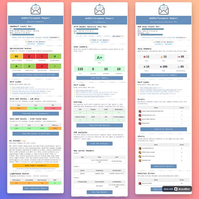 Three WebPerformance Report email examples showing web performance, accessibility, and security reports on a colorful gradient background.