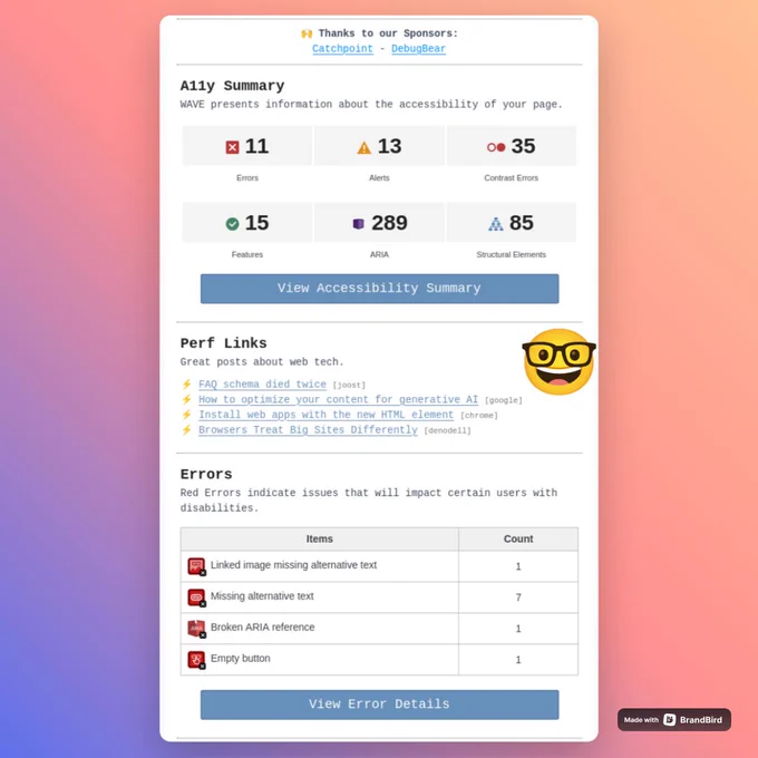 WebPerformance Report performance email preview highlighting optimization scores, Perf Links, and Core Web Vitals metrics on a colorful gradient background.