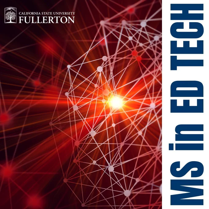 text: ms in educational technology with red abstract background