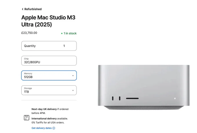 Screenshot of a refurbished Apple Mac Studio M3 Ultra (2025) listing priced at £23,750.00, marked "1 in stock". Configuration shown: 32-core CPU / 80-core GPU chip, 512GB memory, 1TB storage. Product image of the silver Mac Studio on the right.
