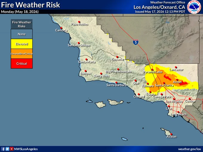 Elevated to brief critical fire weather conditions for Monday