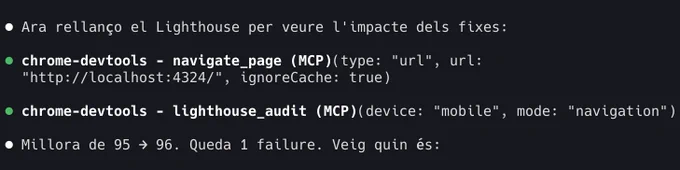 ⏺ Ara rellanço el Lighthouse per veure l'impacte dels fixes:

⏺ chrome-devtools - navigate_page (MCP)(type: "url", url:
  "http://localhost:4324/", ignoreCache: true)

⏺ chrome-devtools - lighthouse_audit (MCP)(device: "mobile", mode: "navigation")

⏺ Millora de 95 → 96. Queda 1 failure. Veig quin és: