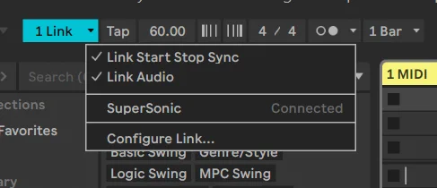 Section of menu from Ableton Live showing that the SuperSonic Link Audio stream is connected