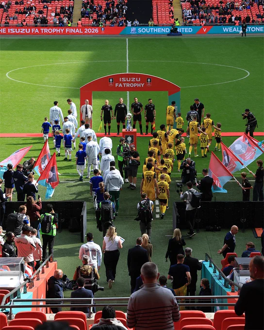 Southend United and Wealdstone walk out ahead of the 2025-26 Isuzu FA Trophy Final.