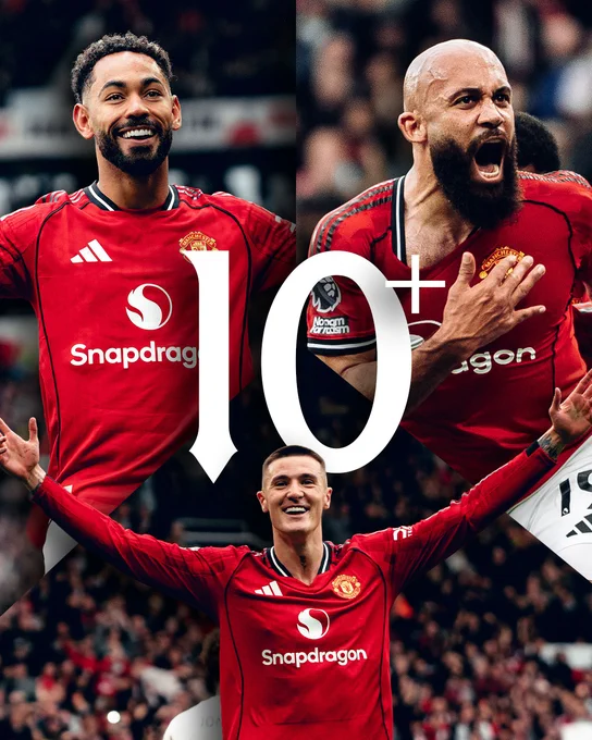 A graphic to mark Matheus Cunha, Bryan Mbeumo and Benjamin Šeško passing double figures for goals in their maiden United season.