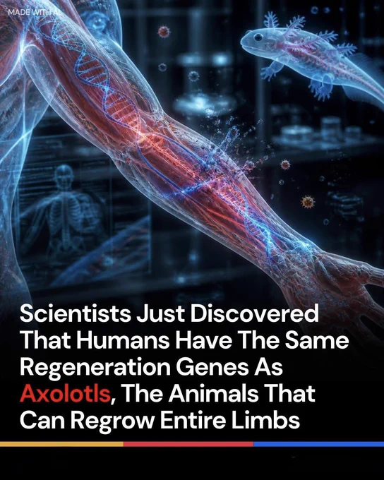 🚨 HUMANS MAY HAVE A HIDDEN POWER SCIENTISTS ARE JUST BEGINNING TO UNDERSTAND 
Axolotls can regrow entire limbs, and now scientists say humans carry some of the same regeneration-related genes. Researchers believe the real mystery is not whether we have these genes… but why they are mostly inactive.
Studies on axolotls are helping scientists explore whether human tissue regeneration could someday become possible. What if the ability to regrow damaged body parts has been inside us all along? 
Source 
National Science Foundation. New axolotl study gives researchers a leg up in work towards limb regeneration