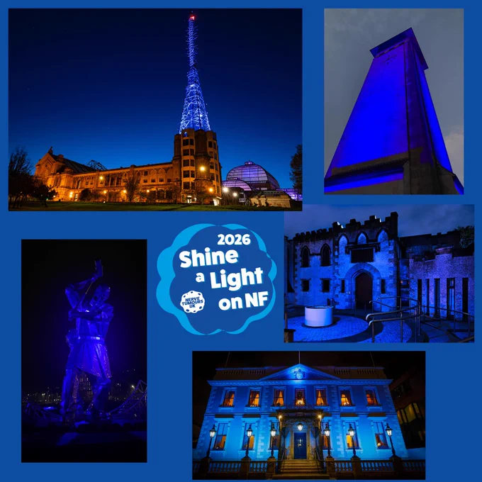 Various landmarks and a sculpture illuminated in blue for the 'Shine a Light on NF' campaign.