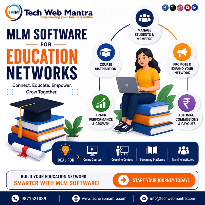Professional educational MLM software promotional poster by Tech Web Mantra featuring MLM software solutions for education networks, coaching centers, e-learning platforms, and training institutes. The design shows a student using a laptop with icons representing student management, course distribution, automated commissions, member tracking, performance analytics, and network growth. Educational elements like books, graduation cap, and online learning visuals highlight smart digital education management and scalable learning platforms. The poster promotes secure, automated, and cloud-based MLM software solutions for online education businesses and affiliate learning networks.

mlm software for education, education network software, e learning mlm software, online course management software, coaching institute software, training institute management system, student management software, affiliate education platform, online education software, course distribution software, education 