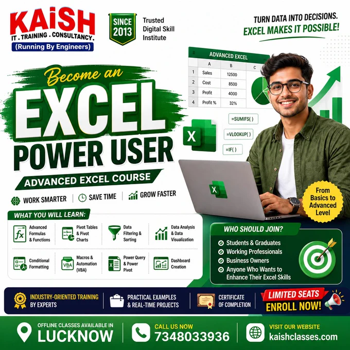 Professional promotional poster for Advanced Excel Course by KAiSH Computer Institute, Lucknow. The design features a modern green and white theme with bold text “Excel Power User” and “Advanced Excel Course.” A smiling student is using a laptop with Excel dashboard graphics, charts, formulas, and analytics visuals in the background. The poster highlights topics like Pivot Tables, VLOOKUP, IF Formula, Dashboard Creation, Power Query, Macros, Data Analysis, Conditional Formatting, and Automation. It also includes contact number 7348033936, website kaishclasses.com, and a call-to-action for limited seat enrollment.