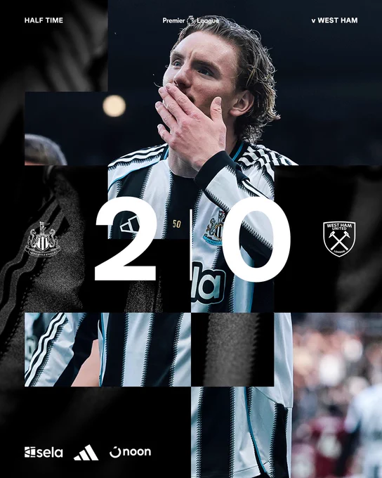 Half-time: Newcastle United 2 West Ham United 0. 
