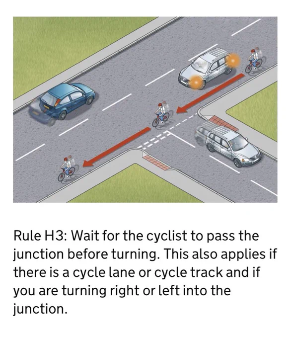Highway Code H3 explaining how a motorist should wait for a cyclist to pass the junction before turning across his path