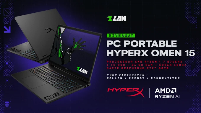 Visuel Giveaway d'un PC Portable HyperX Omen 15. Les specificités de l'ordinateur sont également inscrites sur le visuel ainsi que les conditions de participation : Follow   RT   Commentaire