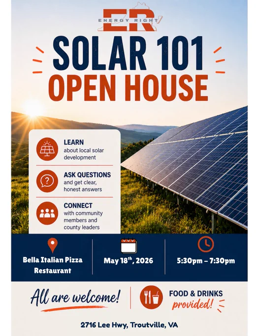 Flyer for a Solar 101 Open House organized by Energy Right, focusing on learning about local solar development, asking questions, and connecting with community members. Event details and offerings are prominently displayed.