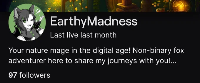 A screenshot of a Twitch account showing VTuber "EarthyMadness" with 97 followers. 