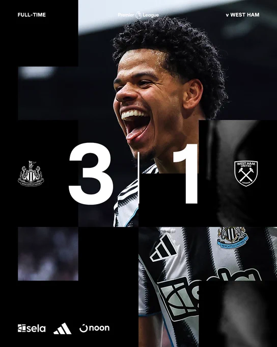 Full-time: Newcastle United 3 West Ham United 1. 