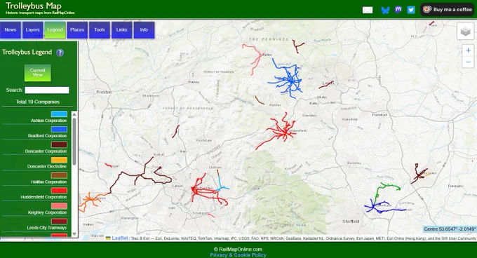 Map of trolleybus networks in the north of England.