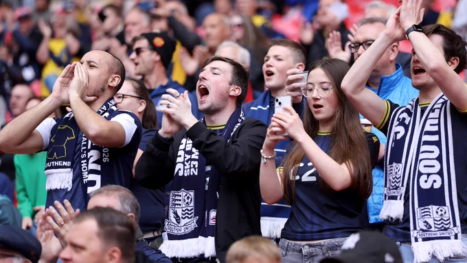 Southend United fans cheer on their team during the Isuzu FA Trophy Final.