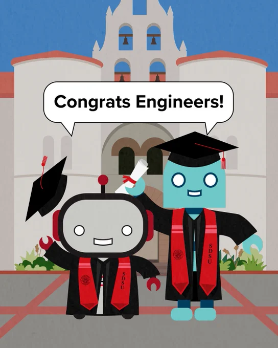 Two cartoon robots wearing graduation caps and gowns, standing in front of a building resembling Hepner Hall at San Diego State University. One robot holds a diploma, and a speech bubble above reads, "Congrats Engineers!" Both gowns have "SDSU" printed on the stoles.