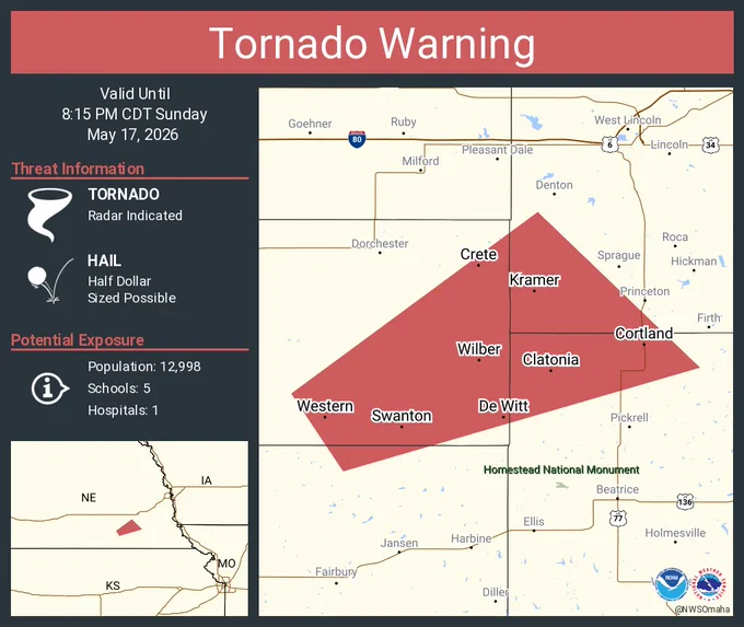 This graphic displays a tornado warning plotted on a map. The warning is in effect until 8:15 PM CDT. The warning includes Crete NE, Wilber NE and De Witt NE.  This warning is for Southwestern Lancaster County in southeastern Nebraska, North central Jefferson County in southeastern Nebraska, Southeastern Saline County in southeastern Nebraska and Northwestern Gage County in southeastern Nebraska. The threats associated with this warning are a radar indicated tornado and half dollar sized hail. There are 12,998 people in the warning along with 5 schools and 1 hospital.