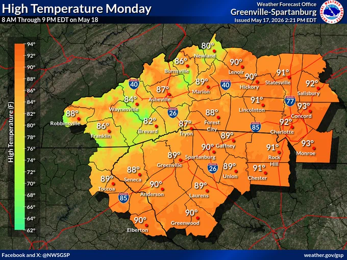 Image showing the highs for tomorrow, May 17, 2026 across the western Carolinas and northeast Georgia. Highs will range from the mid to upper 80s across the mountains and the upper 80s and lower 90s east of the mountains. 