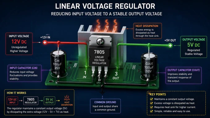 Diagram of a linear voltage regulator circuit. Shows  12V input, 5V output, heat dissipation, capacitors, and regulator. Blue background.