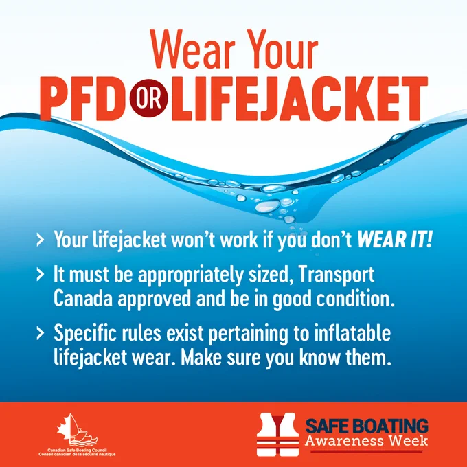 The image is a safety poster for Safe Boating Awareness Week. It emphasizes wearing a PFD or lifejacket, stating it should be appropriately sized, Transport Canada approved, and in good condition. The poster features a graphic of water.