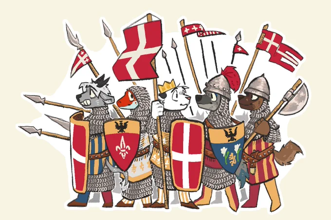 An armed and armoured band of Ghibellines, carrying the heraldry.