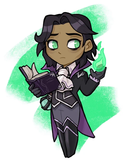 Chibi version of Occtis Tachonis holding a book and a green flame.