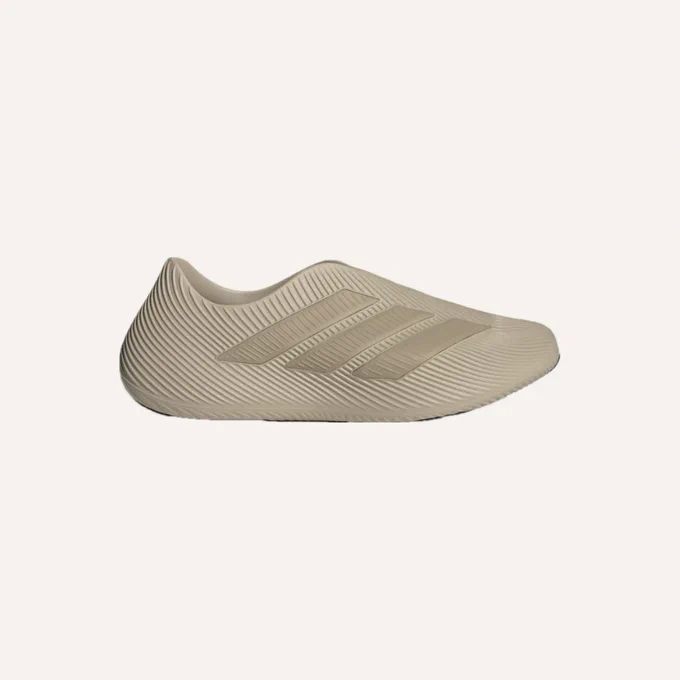 A picture of the Adidas Purechill Runners in the Khaki color, a recovery slip-on shoe.