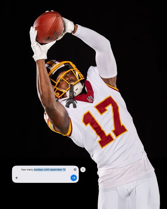 Photo of Terry McLaurin in our new uniforms. There is an internet search on the screen that says, "how many sundays until september 13?"