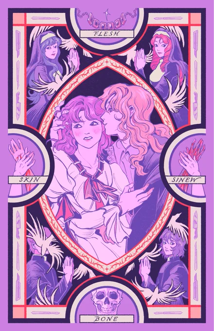 Illustration of characters from Oniisama E. In the center, Rei leans towards Nanako, cradling her head, while Nanako looks away. In the top left and right, Mariko and Fukiko are drawn wearing nun outfits with their hands folded in prayer. In the bottom left and right, Henmi and Kaoru are drawn wearing priest outfits, also with their hands folded in prayer. Crow silhouettes surround each of these characters. Placed clockwise around the edges of the image are four labeled illustrations. At the top, a bracelet labeled “flesh.” To the left, an arm crossed over a bleeding arm labeled “skin.” At the bottom, a skull labeled “bone.” To the right, an arm crossed over an arm’s musculature labeled “sinew.”  Scalpels, knives, and box cutters border the entire image.