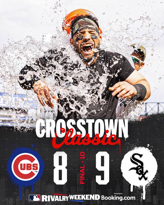 Crosstown Classic Final (10 innings):
Chicago Cubs 8, Chicago White Sox 9
Pictured: Edgar Quero gets doused in ice water after his first career walk-off home run Sunday to win the series against the Cubs at Rate Field.
Rivalry Weekend presented by Booking.com