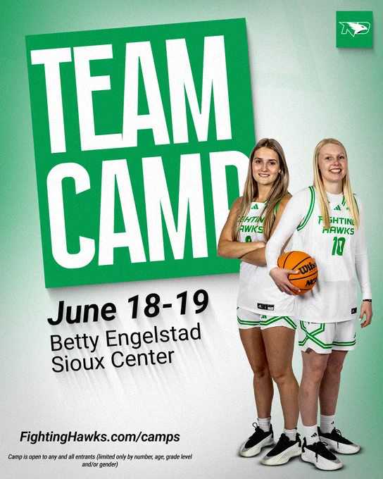 A promotional poster for a Team Camp at Betty Engelstad Sioux Center, scheduled for June 18-19. Two individuals in athletic attire are posing with a basketball. The poster includes the North Dakota Fighting Hawks logo and a website: FightingHawks.com/camps.