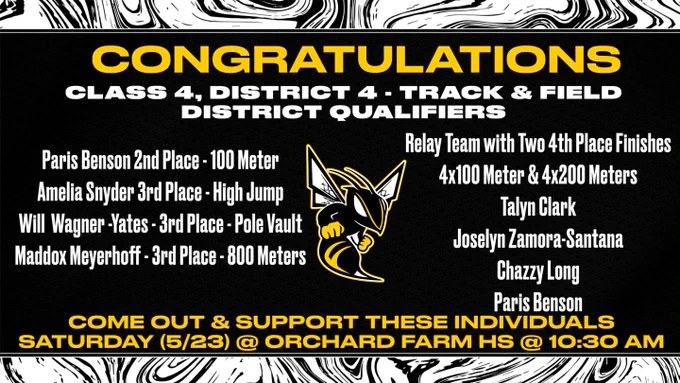Fulton Hornet Logo is pictured in the middle of the graphic. Congratulations (gold font) All other font is white unless otherwise noted.  Class 4, District 4 - Track & Field District Qualifiers.  Paris Benson 3rd Place - 100 Meter.  Amelia Snyder 3rd Place - High Jump. Will Wagner-Yates 3rd Place - Pole Vault. Maddox Meyerhoff - 3rd Place - 800 Meters.  Relay Team with two 4th Place Finishes 4x100 & 4x200 Meters.  Talyn Clark, Joselyn Zamora-Santan, Chazzy Long, & Paris Benson.  The rest of the text is gold font.  Come Out & Support these individuals Saturday (5/23) @ Orchard Farm HS @ 10:30 AM.  