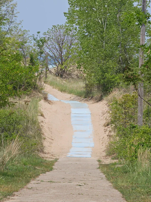The happiest blue trail over a sand dune with trees and grass on either side and the lake in the distance 