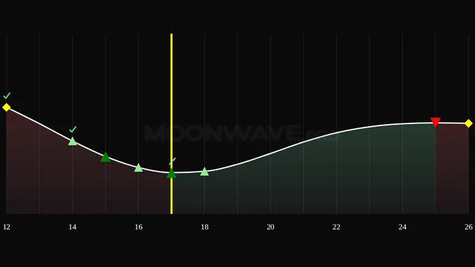 Moonwave predicted sentiment chart for May 17, 2026, covering the date range May 12-26. Shown are a past FX-confirmed Volatility signal on May 12, a past FX-confirmed hybrid Buy signal for May 14, a Buy signal for May 15, a hybrid Buy signal for May 16, a Buy signal for May 17, a future hybrid Buy signal for May 18, a future Sell signal for May 25, and a future Volatility signal for May 26. The chart predicts bullish/bearish sentiment and high-probability buy/sell/derisk dates.