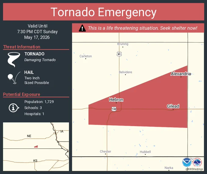 This graphic displays a tornado emergency plotted on a map. The warning is in effect until 7:30 PM CDT. The warning includes Hebron NE, Alexandria NE and Gilead NE.  This warning is for East central Thayer County in south central Nebraska. The threats associated with this warning are a observed tornado and two inch sized hail. There are 1,729 people in the warning along with 3 schools and 1 hospital.