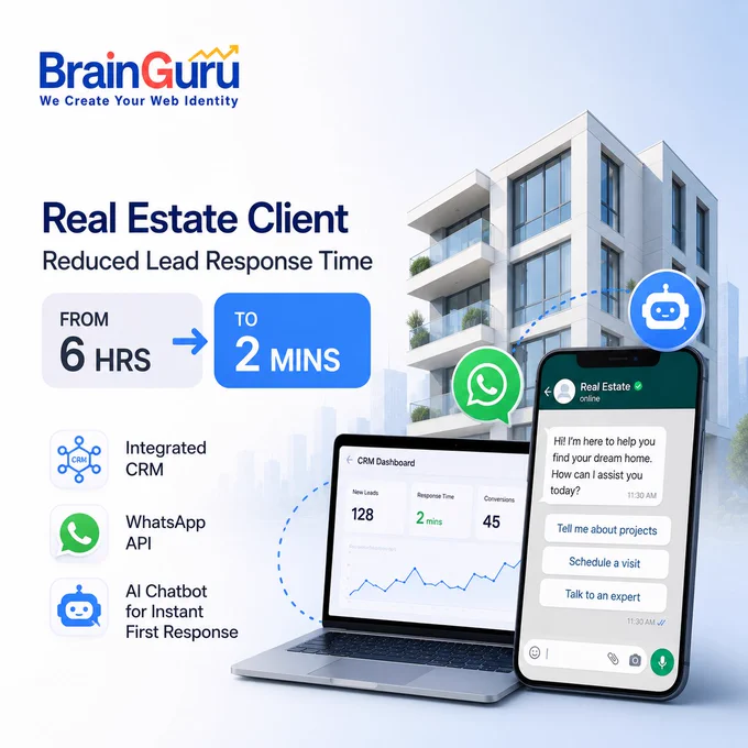 Real estate client:

Before: 6 hr response, 70% leads cold
After: 2 min response, 45% more deals

In 60 days. → brainguru.in

#RealEstate #CaseStudy #Brainguru