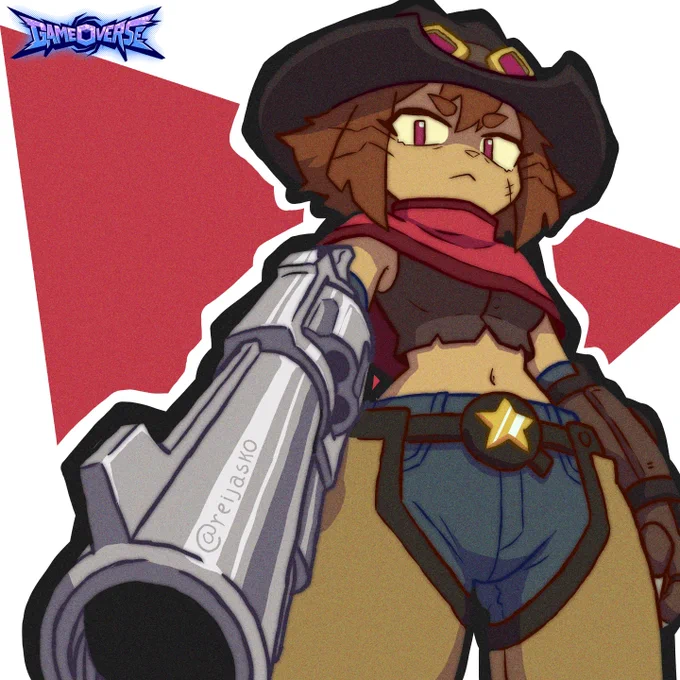 Stylized digital illustration of Kit from GameOverse wearing a Wild West-inspired outfit. She has a large cowboy hat, a red scarf, short brown hair, and a confident expression with visible facial scars. The character points a large revolver directly toward the viewer using dramatic perspective. She wears denim shorts, a sheriff-style star belt buckle, fingerless gloves, and a cropped top exposing part of her midriff. The artwork uses bold outlines, soft shading, and a dynamic action pose against a simple red and white background with the GameOverse logo in the corner.