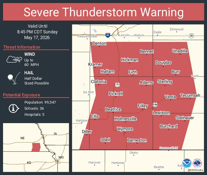 This graphic displays a severe thunderstorm warning plotted on a map. The warning is in effect until 8:45 PM CDT. The warning includes Beatrice NE, Tecumseh NE and Hickman NE.  This warning is for Southern Lancaster County in southeastern Nebraska, Johnson County in southeastern Nebraska, Southeastern Jefferson County in southeastern Nebraska, Western Otoe County in southeastern Nebraska, Western Pawnee County in southeastern Nebraska and Gage County in southeastern Nebraska. The threats associated with this warning are wind gusts up to 60 MPH and half dollar sized hail. There are 99,547 people in the warning along with 36 schools and 5 hospitals.
