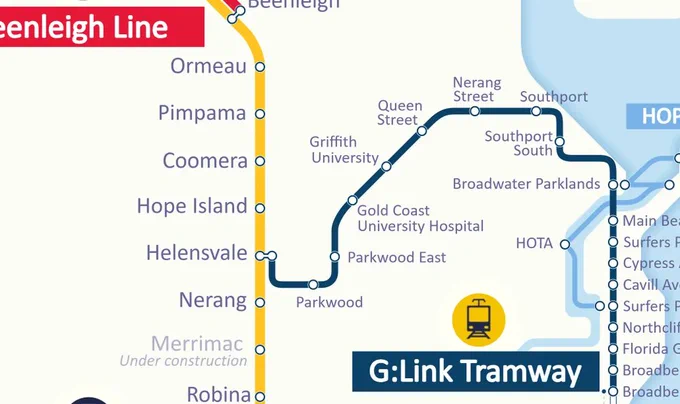 Extract of updated Brisbane and Gold Coast rail map showing the new Hope Island station, the section of the Gold Coast line from Beenleigh to Robina and the G:Link tramway.